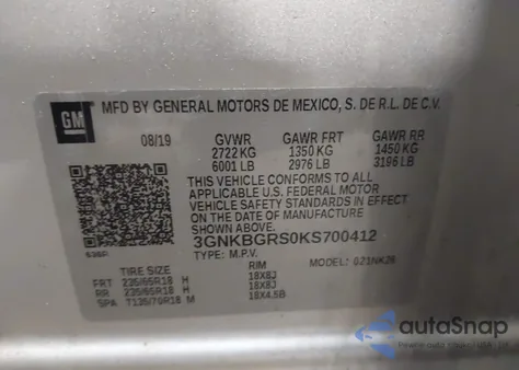 2019 Chevrolet Blazer z USA, uszkodzony, nr VIN 3GNKBGRS0KS700412